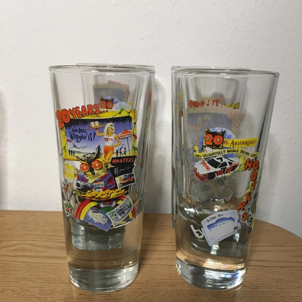 New Bundle Of 2 Hooters Rare Vintage 20th Anniversary Tall Heavy Shot Glasses